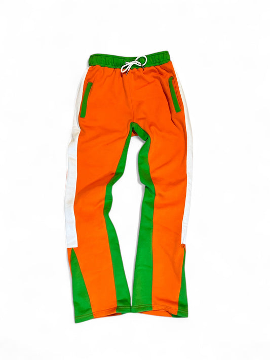 Orange and green "Don't Go Broke" stacked flared joggers